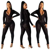 

Ladies sexy black mesh flocking leopard print V-neck long sleeve perspective jumpsuits for women FM-A8387