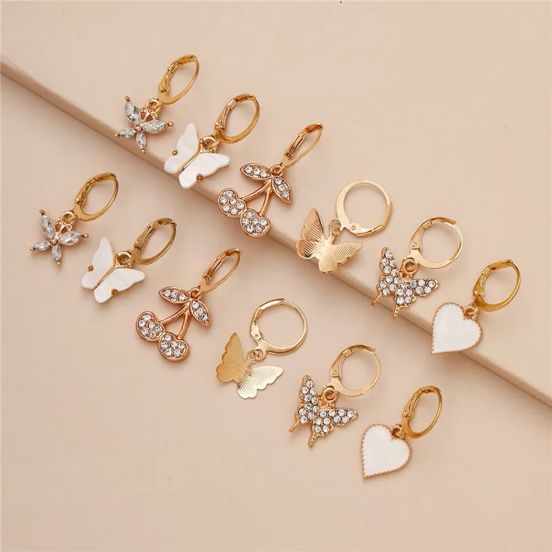 

Amazon Fashion Simple Six-piece Earrings Set Gold Plated Heart Cherry Shape Jewelry Butterfly Earings, Picture