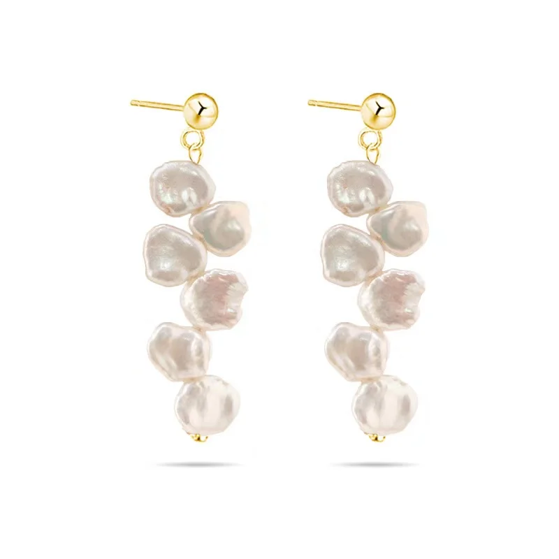 Trendy Vintage Women Jewelry  925 Keshi Baroque Freshwater Pearl Studs Long Earrings Gold Plated