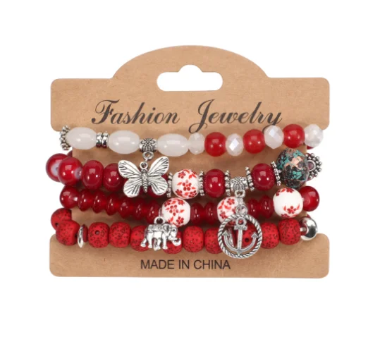 

girls woman Bohemian glass beads stretch bracelet sets with butterfly anchor elephant charm 4pcs/set stack beaded bracelets, As picture, various colors can mix