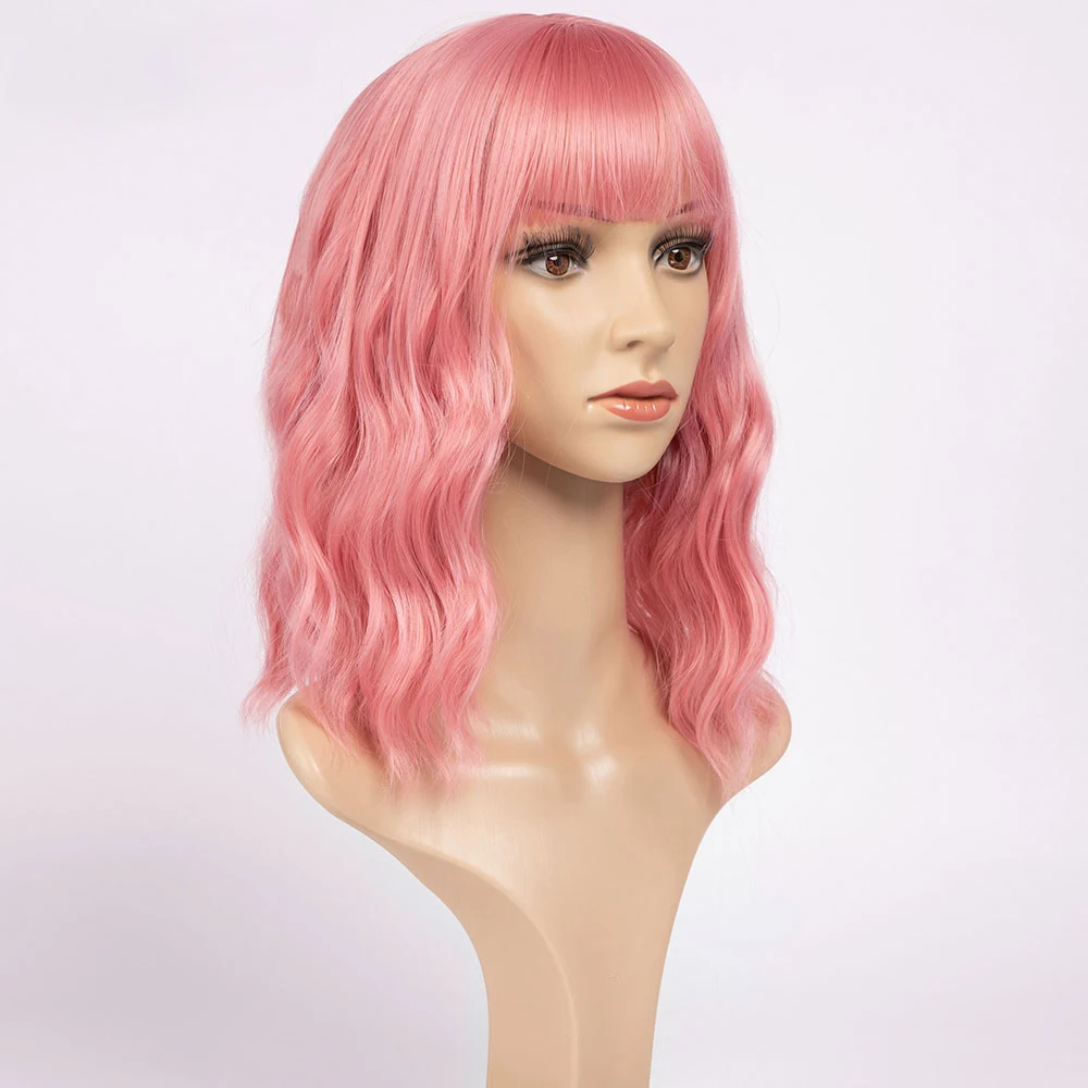 

Synthetic Wavy Wig Bangs Women's Short Bob Purple Pink Wigs Curly Wavy Bob Synthetic Cosplay Wig for Black Women, Pink,many colors