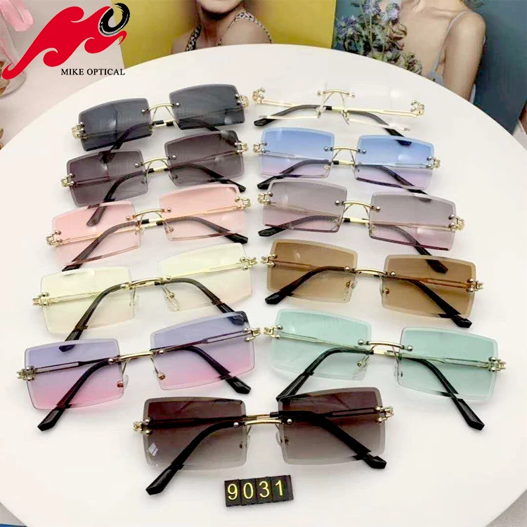 

Women trendy sunglasses trimming Metal Frame rimless eyewear Funky style groovy Hot sale Shade sunglasses