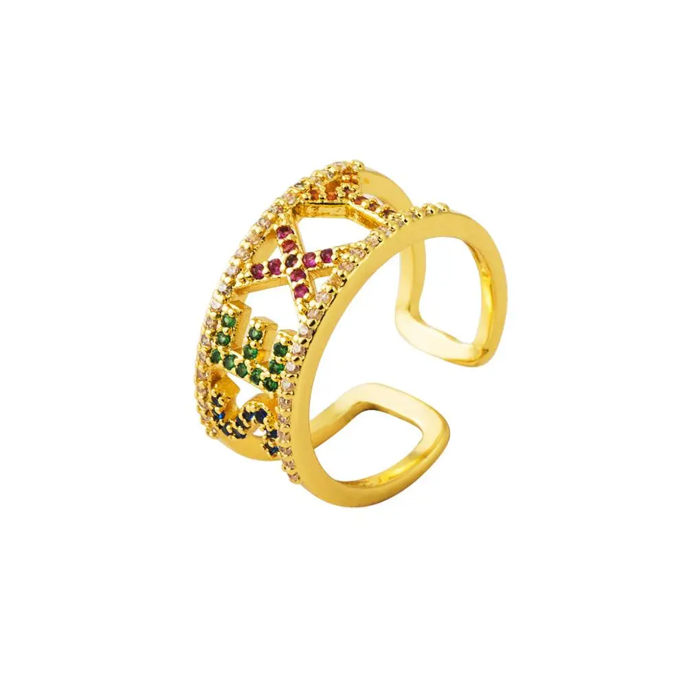 

2020 European Fashion Hips Hops Mirco Pave Cubic Sexy Letter Ring  Open Rainbow CZ Alphabet Ring For Man, Gold