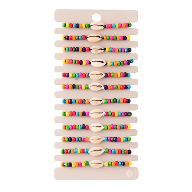 

12PCS/Set Hot Sale White Shell Charm Rainbow Color Wood Beads Bracelet