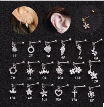 

Sellsets 1PC Dangle Piercing Cartilage Earring With Cz Flower Star Crown Heart Cross Wing Dainty Conch Tragus Helix Stud Earring