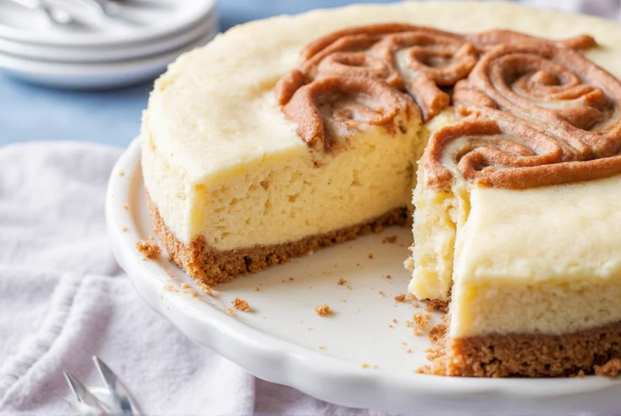 Perfectly sliced cinnamon roll cheesecake showing distinct swirl pattern on white ceramic plate with cinnamon sticks garnish