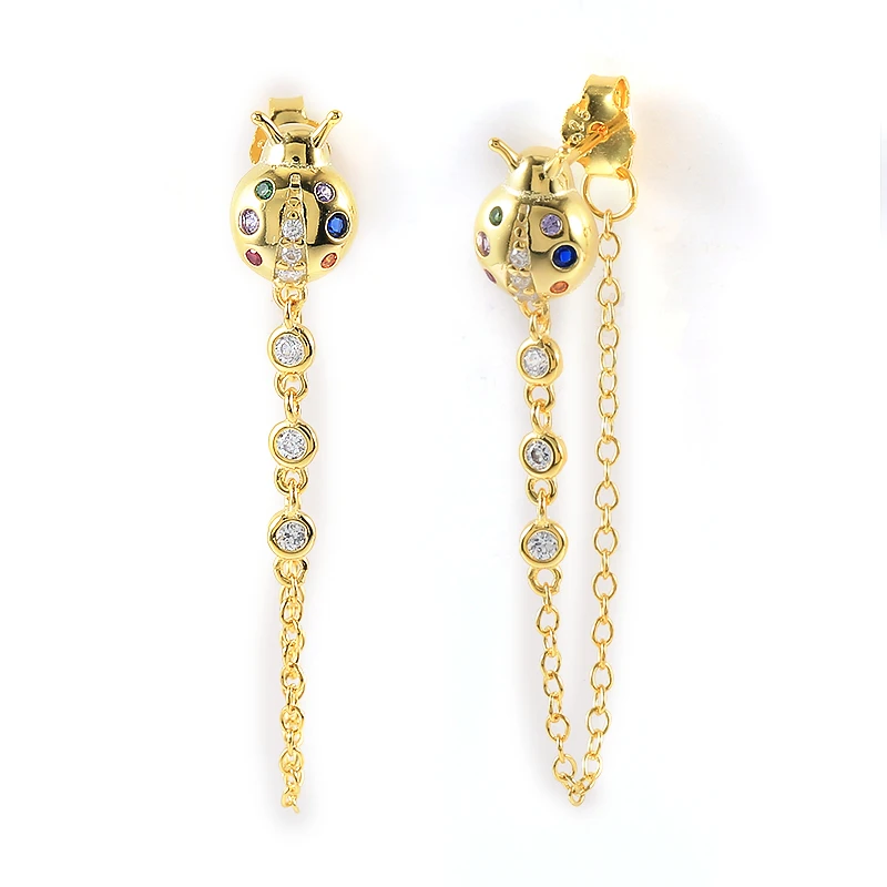 

CANNER S925 Sterling Silver Cute Ladybug Stud Earrings Long Tassel Colorful Animal Earring For Women