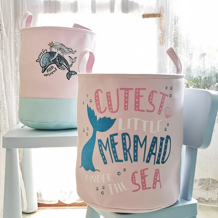

Newest Mermaid Canvas Nordic Toy Storage Laundry Basket for Kids, Pink