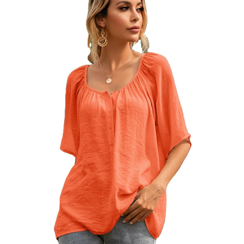 

2021 new arrive Summer Collection Clothes Polyester Women Short Sleeve Shirt different Size for Choice & Loose & Breathable, Picture shows