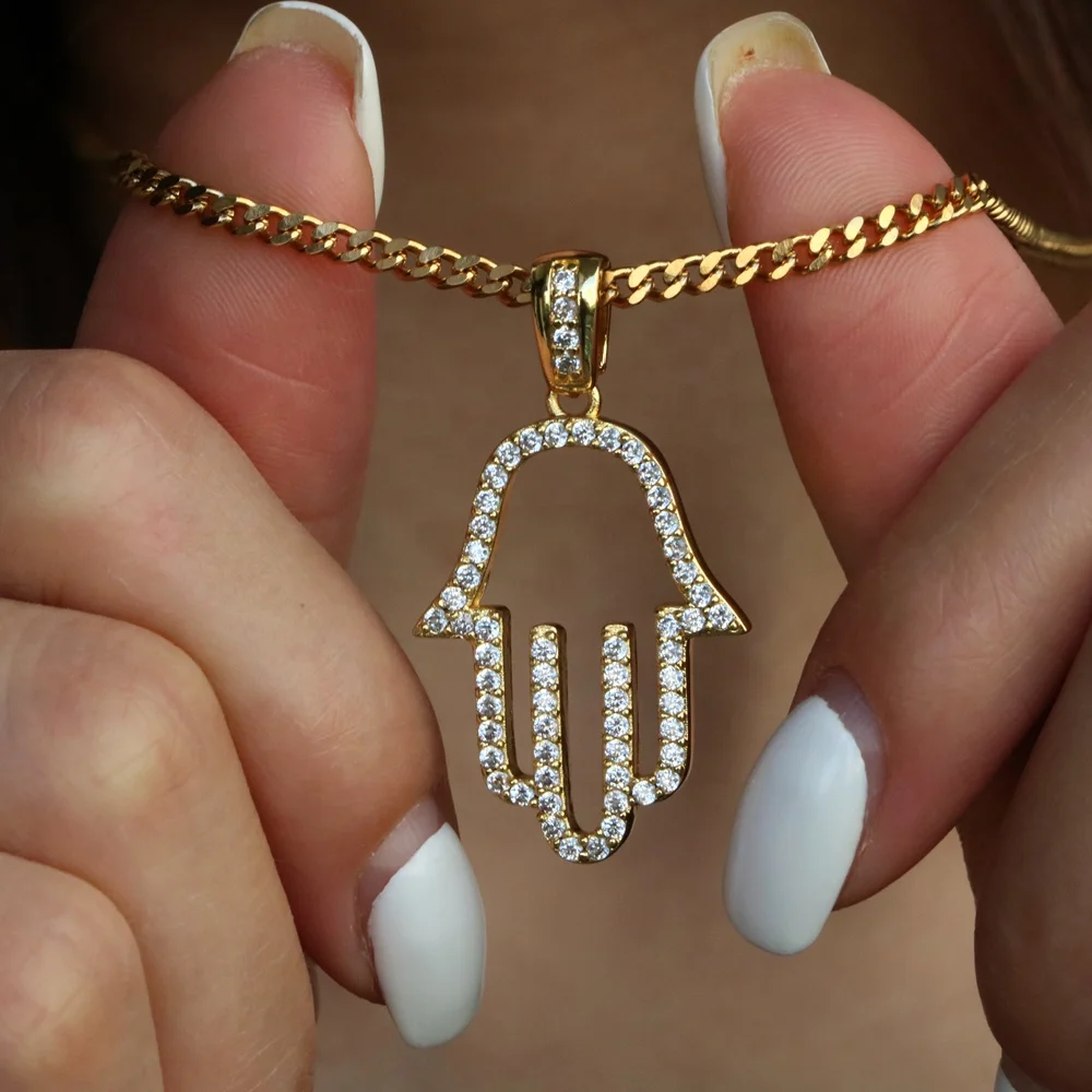 

Misterjewelry Wholesale 18K Gold Filled Iced Out Hand of Hamsa Hamsa Charm Pendant Necklace