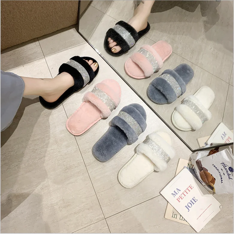 

Open Toe Printing Flat Warm House Men Women Fur Slides Slippers, Black red blue