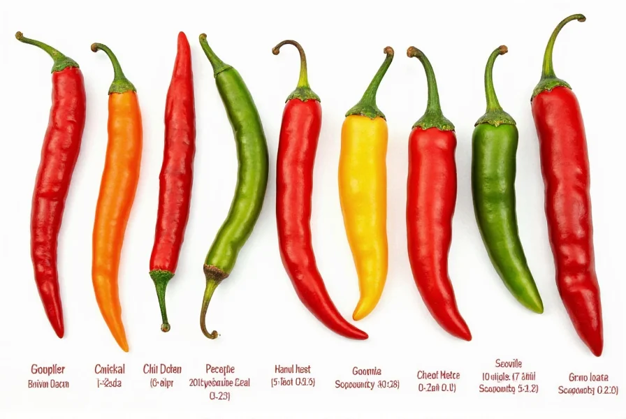 Detailed visual representation of chili peppers arranged from mildest to hottest with corresponding Scoville scale measurements