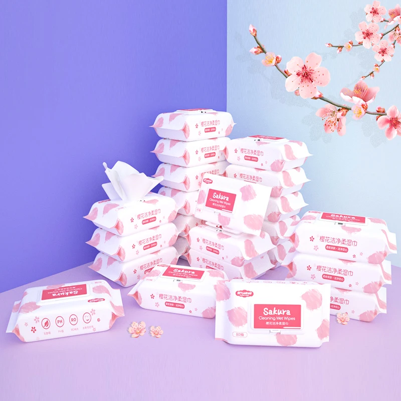 

Haijie Cherry Blossom Extract Alcohol Free Hygiene Products Clean Wet Wipes, White