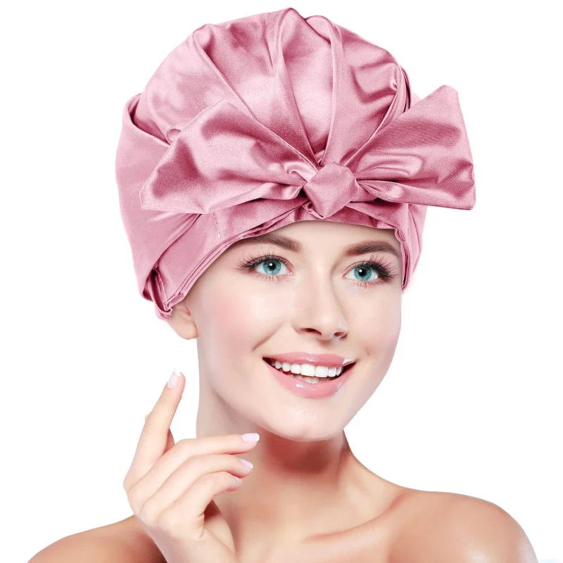 

HZM-19005 Satin lined Shower Cap for Women with Bow Shower Hat Double Layer Waterproof Reusable Shower Cap for Curly, Can dye as you need by pantone card