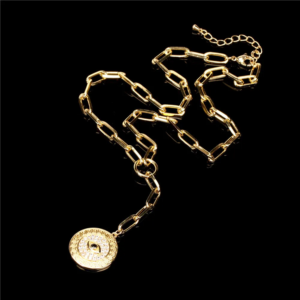 

Fashion Oval Link Chain Pattern Disc Evil Eyes Necklace Micro Zircon Evil Eyes Round Pendant Necklace for Men Women