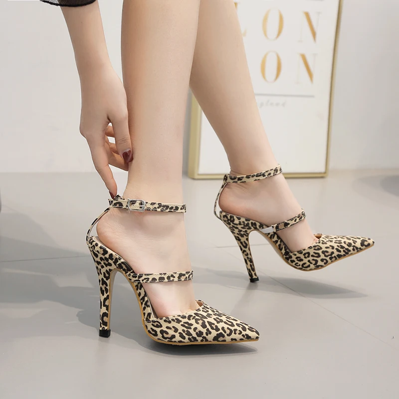 

Leopard effect high heel strap buckle female shoes pointed toe lady pumps cutout design sexy women sandals for summer