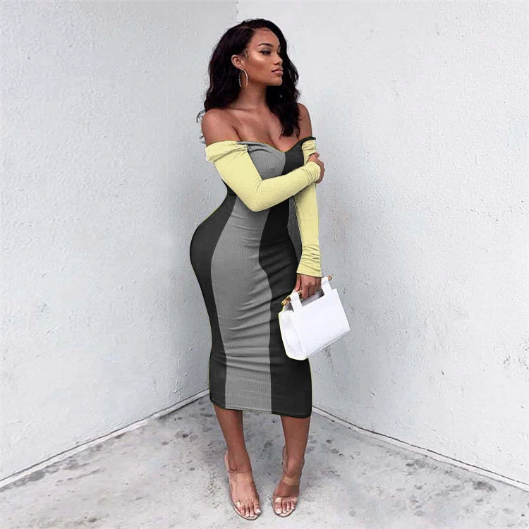 New Arrival Elegant Contrast Color Off Shoulder Long Sleeve Knit Maxi Long Women Dresses Girl Casual dress