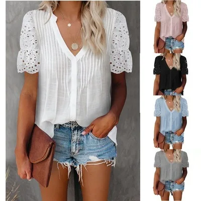 

Summer Solid Color V-neck Pleated Lace Stitching Short-sleeved Shirt Casual Elegant Chiffon Shirt 6 Colors Plus Size S-5XL, As shown