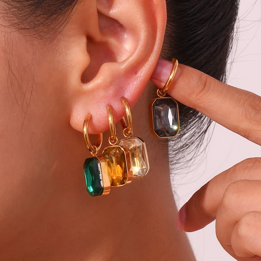 

Stainless Steel Cubic Zircon Huggie Earrings For Women Hot Trendy 18K Gold Plated Luxurious Emerald Rectangle Hoop Earring