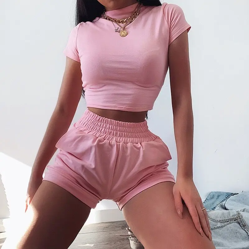 

2020 Women Two Piece Set Crop Top And Shorts Pocket Elastic Waist Mock Neck Short Sleeve Top Tracksuit Outfits, Pink,green,gray