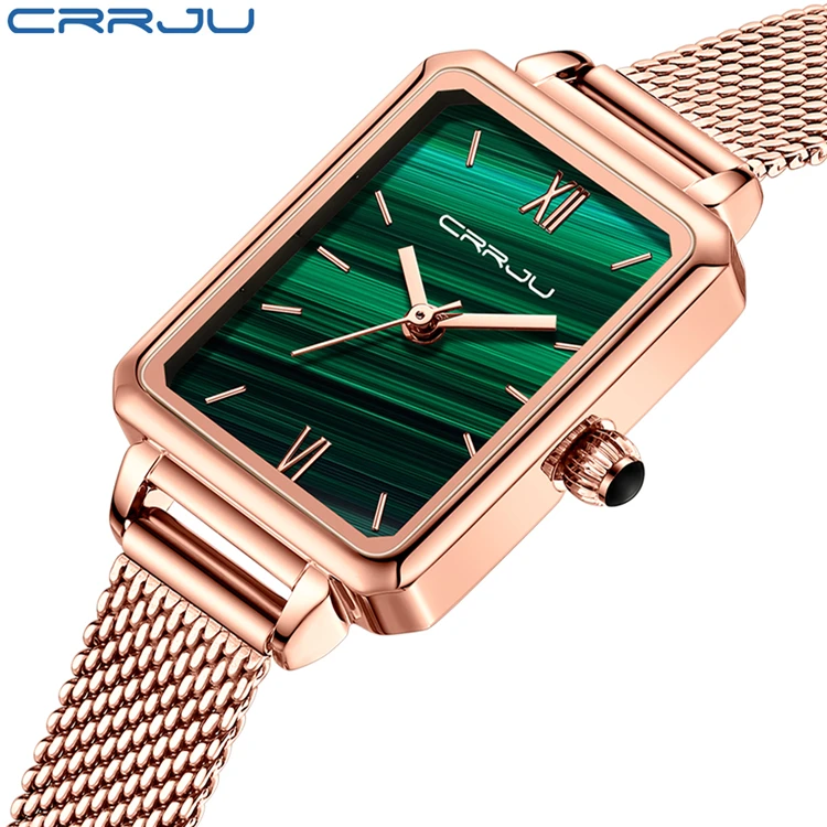 

Women Little Green Wristwatch CRRJU 2173 Fashion Ladies Dress Slim Mesh Belt Watch Square Waterproof Quartz Watches reloj mujer