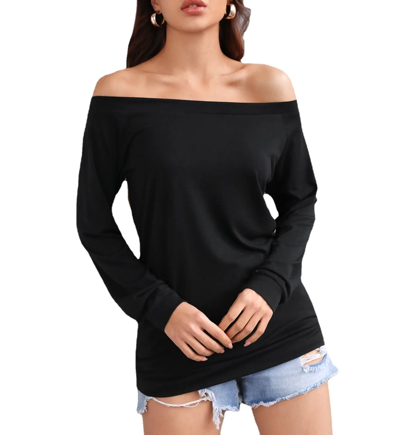 

2021 Long-sleeved One-neck Off-the-shoulder Solid Color Top T-shirts, Picture showed