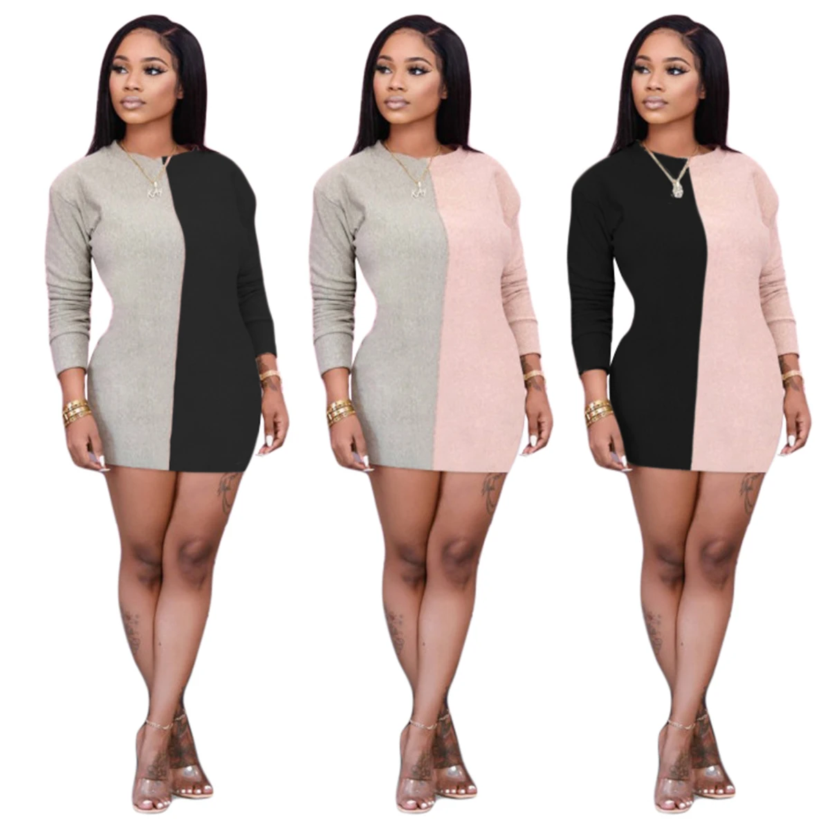 

YD-YY5213 Factory Direct Sale Autumn Ladies Color Matching One Piece Trendy Plus Size Dress Fall Clothing Fall Dresses for Women