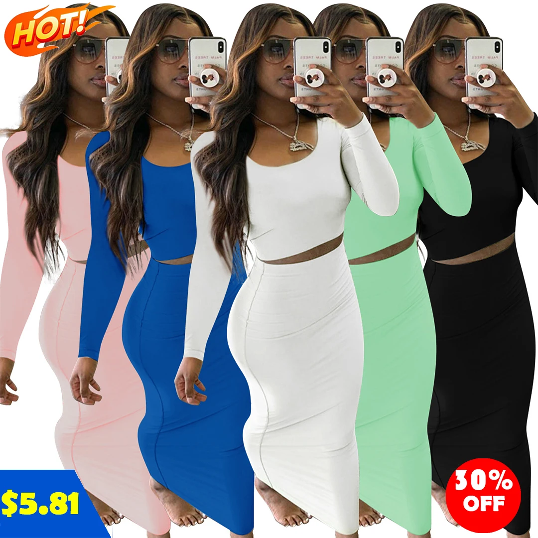 

Long Sleeve Solid Color 2 Piece Set Women Skirt Set Sexy Sets Womens Clothing Two Piece Fashion fall clothing for women, As picture