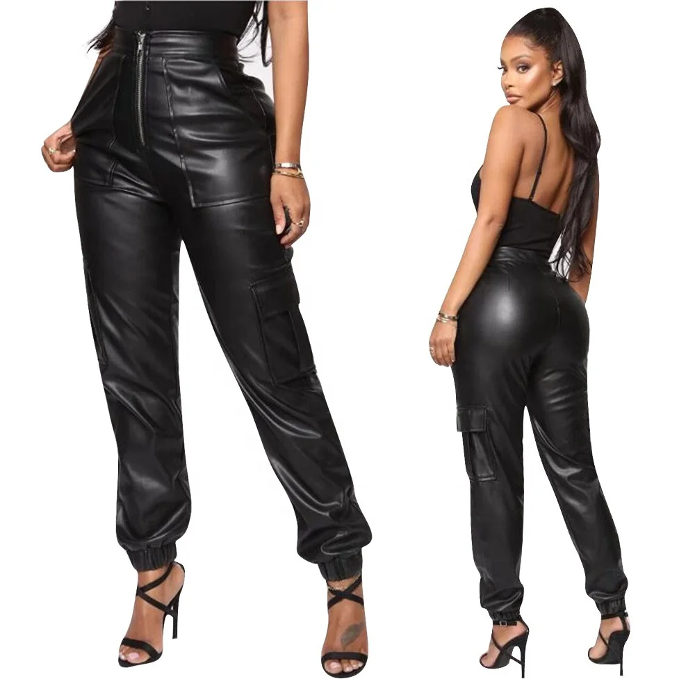 

New arrival 2021 women's leather pants pocket casual overalls leather pants, Black
