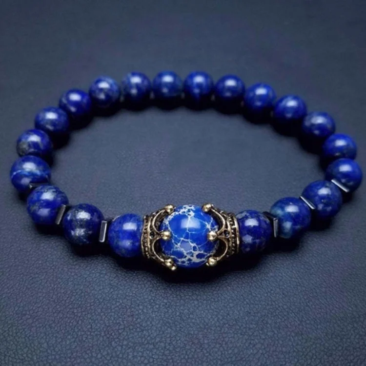 

Amazon Hot Selling Beaded Men Luxury Bracelet Gold Crown Bead Bracelet Natural Stone Tiger Eye+Lapis+Lava Jewelry, As photo