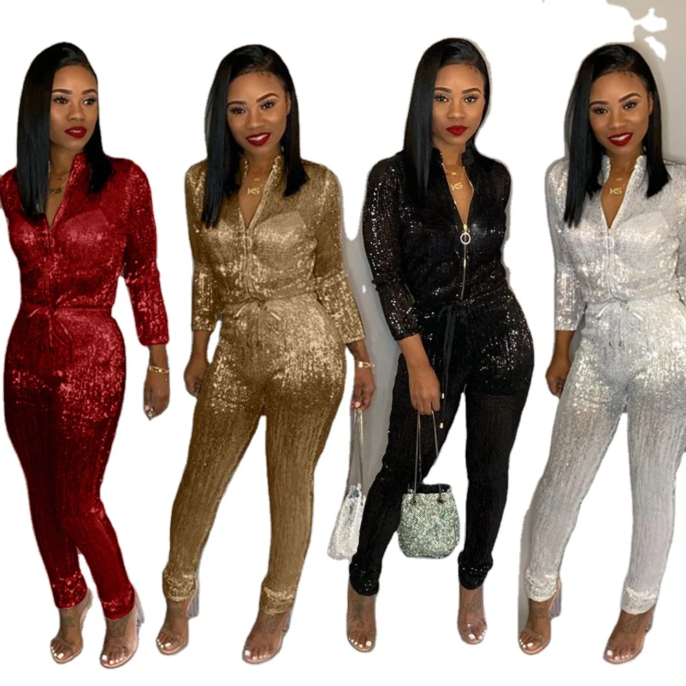 

BN-9140 Sexy Nightclub Women'S Solid Color Shiny Jumpsuit With Belt