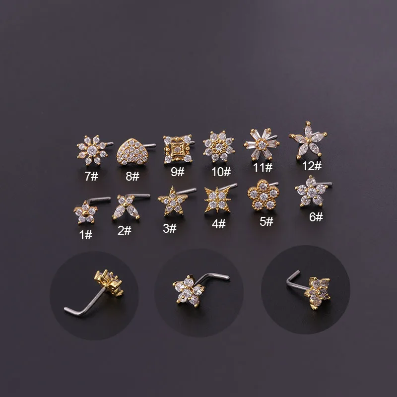 

2022 NEW Stainless Steel Flower Heart S Screw Nose Rings L Bend Nose Stud Straight Nose Pin Designer Body Piercing Jewelry
