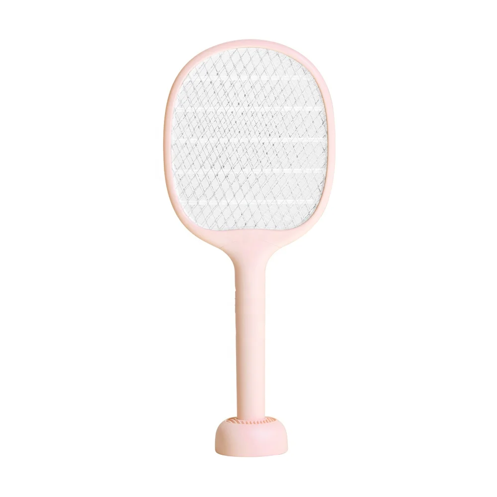 

Rechargeable mosquito killer racket electronic fly electric anti mosquito trap swatter with charging base for pest control, White/pink