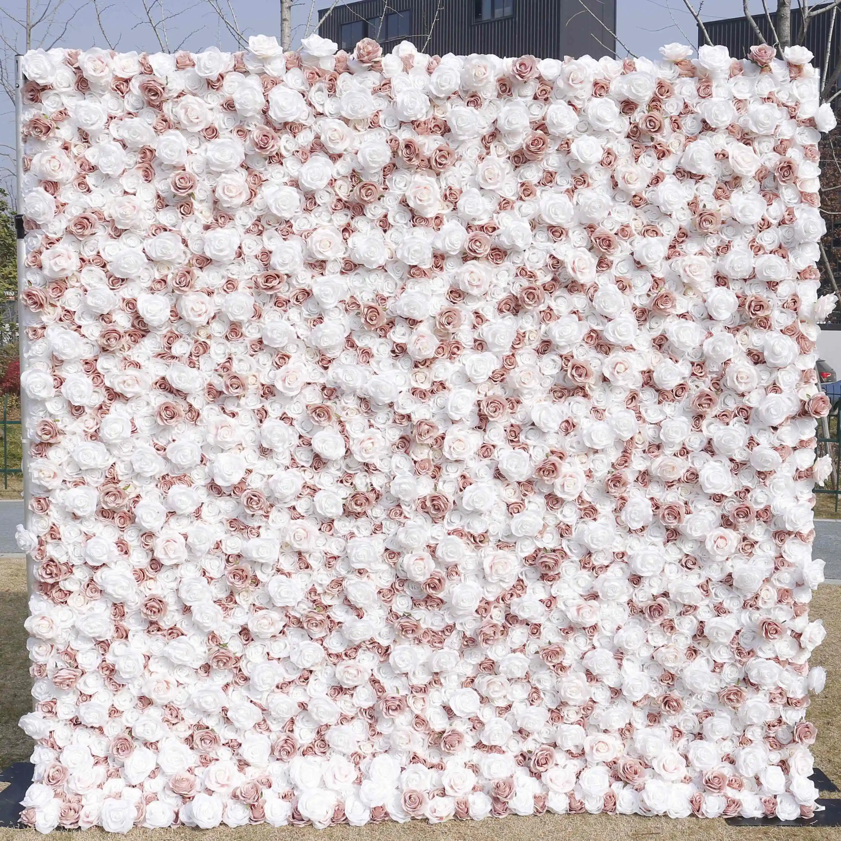 Wedding Party Decoration Roll up Flower Wall Backdrop Photograph Pure Rose Theme 3D Pink Decorative Artificial Flower Wall