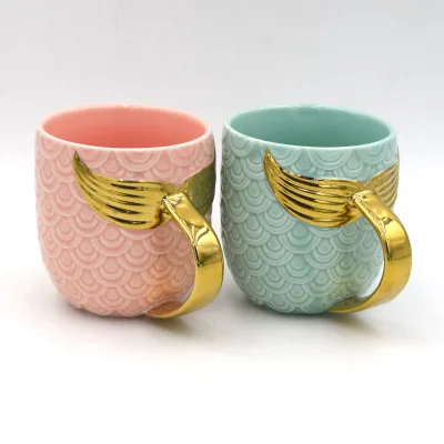 

P648 Breakfast Milk Cups With Gold Handle Travel Mugs Mermaid Tail Ceramic Tumbler Creative Ceramic Cup Teacup Coffee Mug, Colors