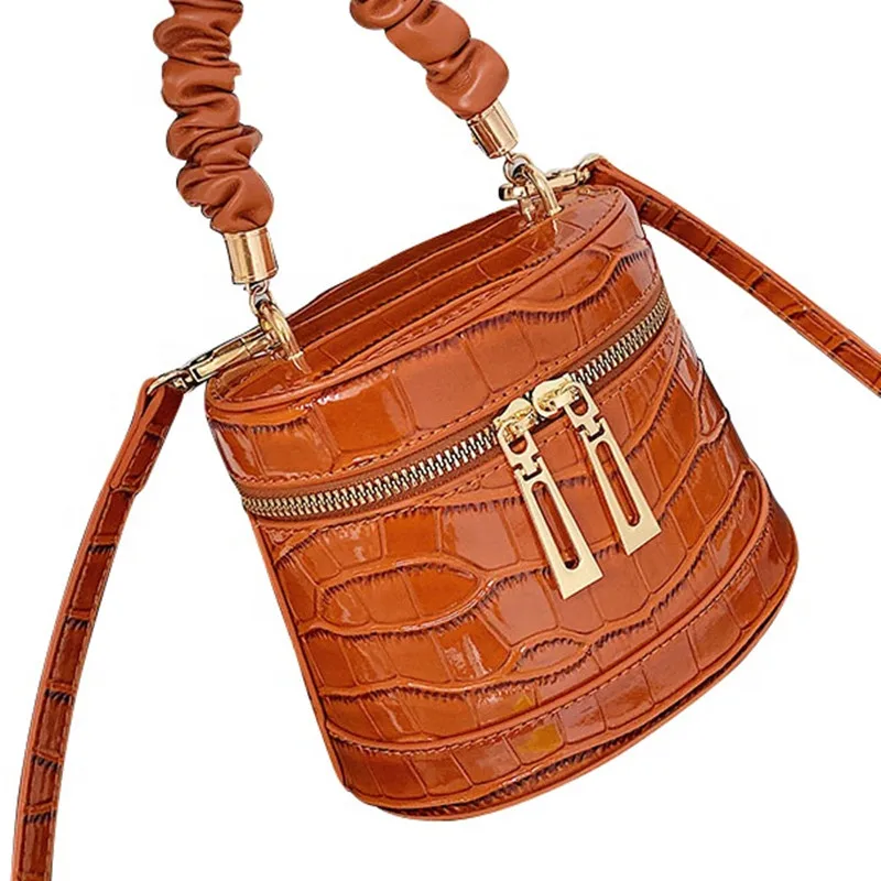 

Stylish Leather Bucket Shape Woman Bags Luxury Crocodile Pattern Folds Hand Bag, White, black, brown, khaki