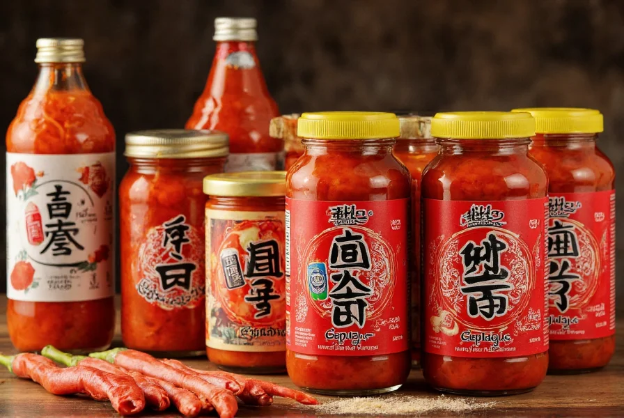 Various Korean gochujang brands displayed on wooden table with ingredients visible