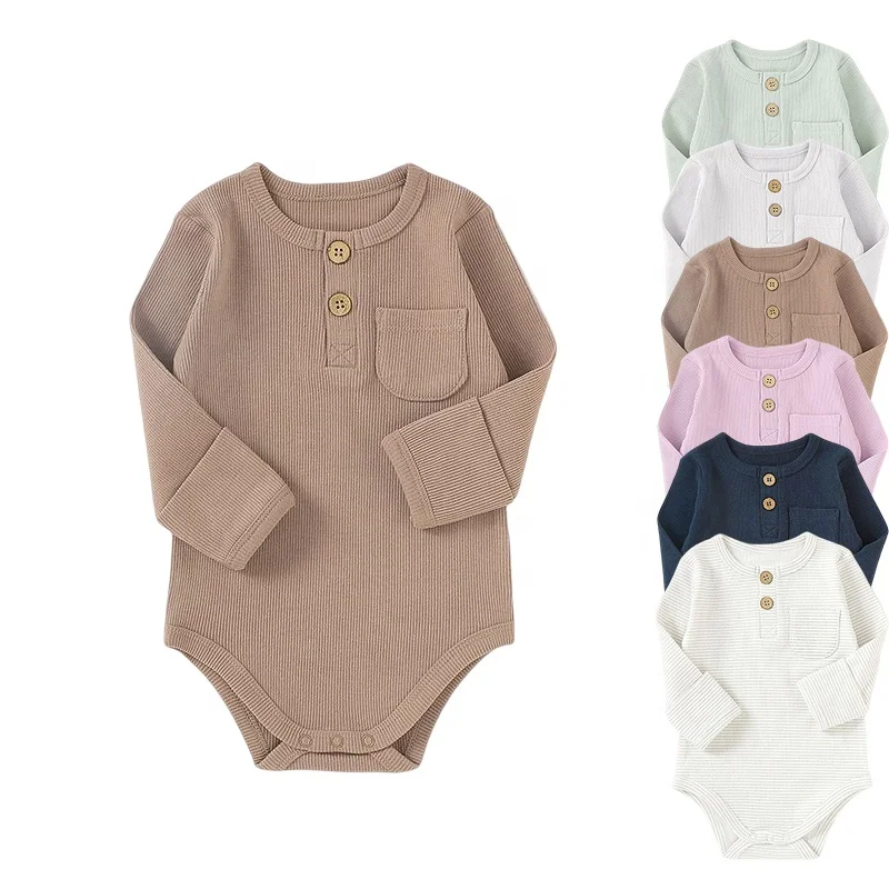 

Low MOQ 2x2 Ribbed Long Sleeve Fold Over Cuff Solid Snap Crotch Knitted Cotton Baby Rompers