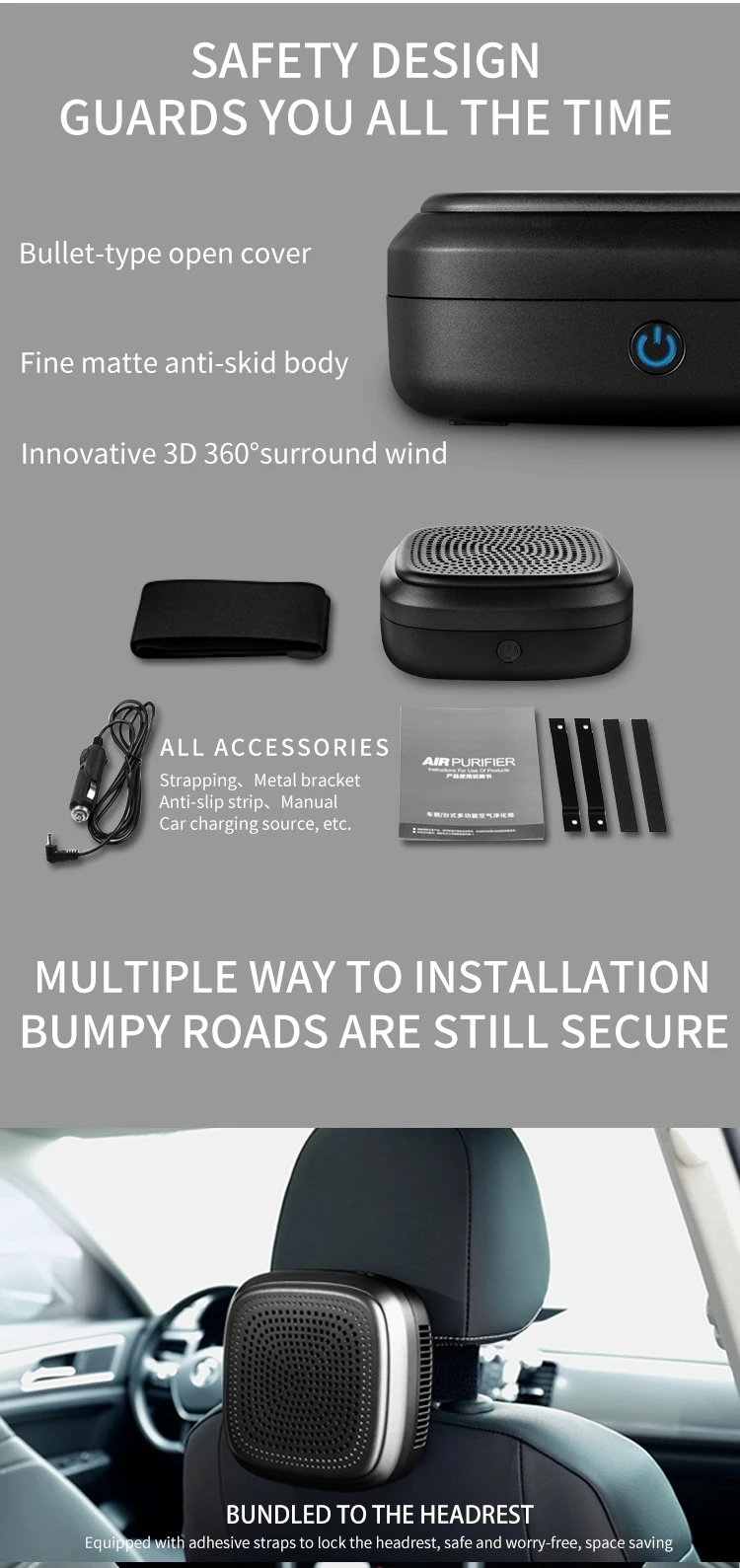 2020 amazon  New Design Car Air Purifier Mini Portable Car Negative Ion Photocatalyst Vehicle Air Purifier in stock
