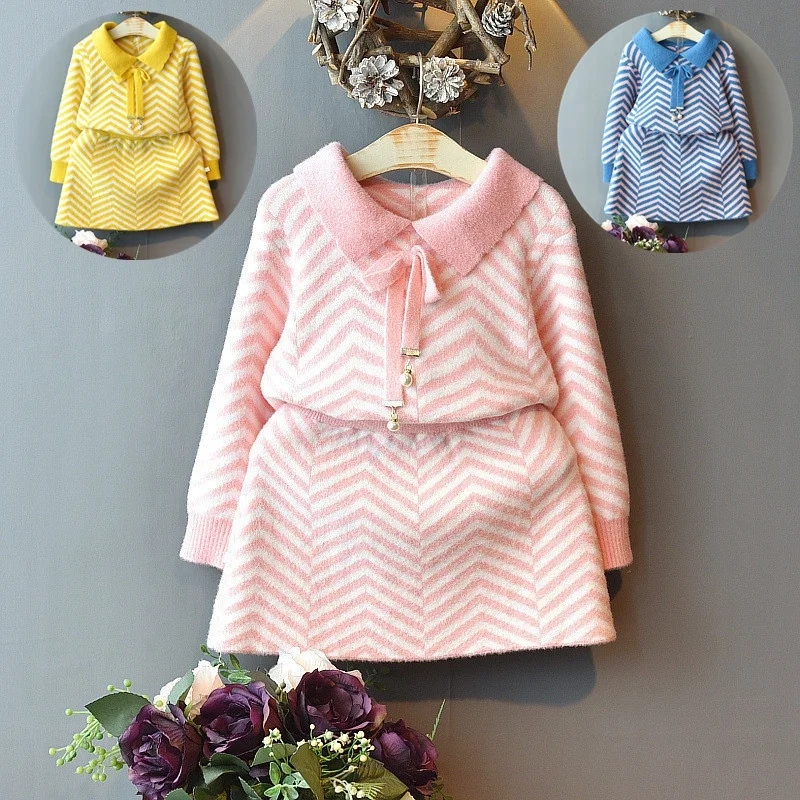 

B20518A Autumn new loose stripe knitted skirt two piece little girls' suit