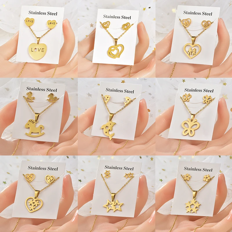 

New Fashion Bridal Gold 316L Stainless Steel Heart Love Star Snowflake Pendant Necklace Earrings Jewelry Set For Women