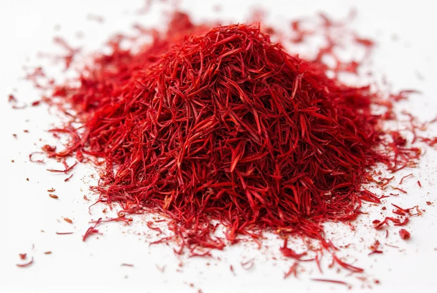Close-up comparison of saffron threads alongside turmeric powder, safflower petals, and paprika in small bowls