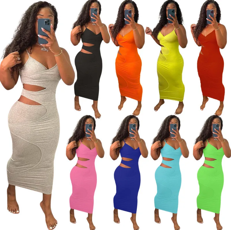 

Women Bodycon Dresses Summer Fashion Hollow Out Split Layer Suspender Cotton Solid Sleeveless Vest Club Dress