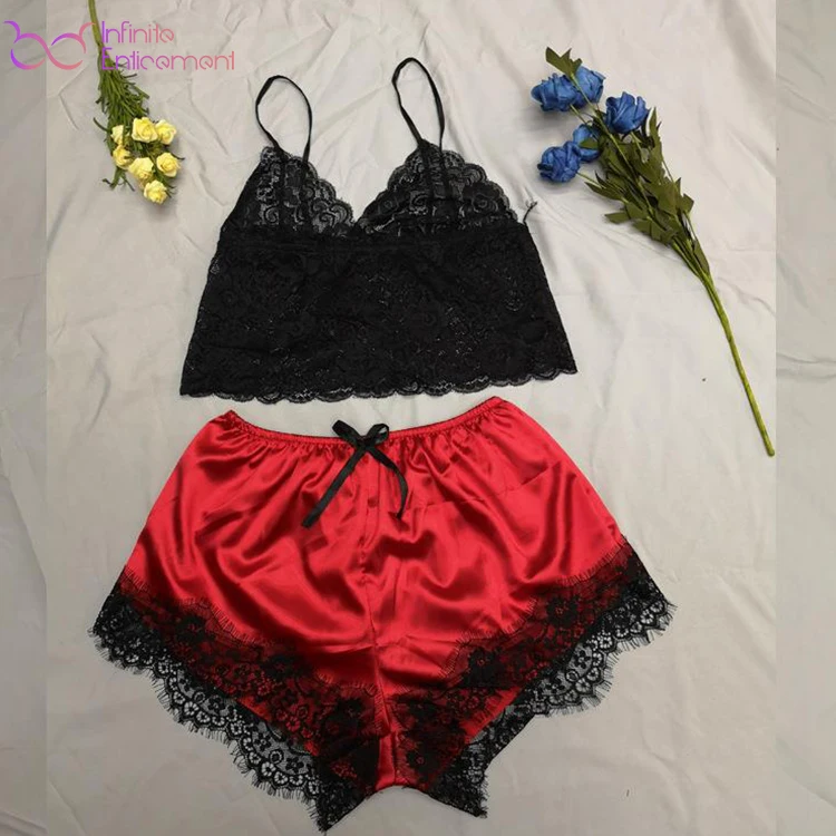 

MXCZ-001 Better Quality Fashion Low Moq Vest Shorts Lingerie Mature Sexy Lace Lingerie Nightwear Real Silk Pajama for Women, As photo