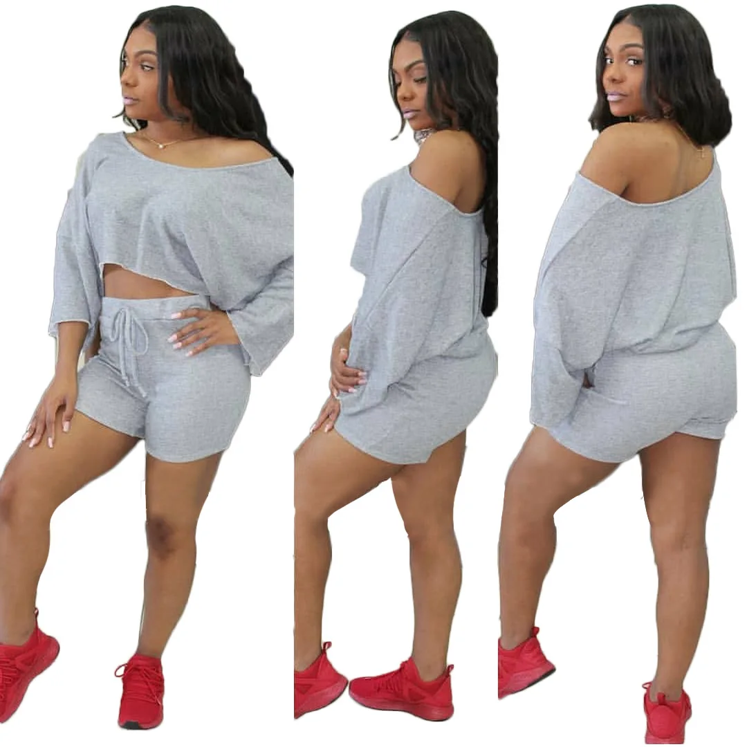 

2021 summer two piece outfits for women sexy Solid color bat sleeve off-the-shoulder loose top and shorts two piece set