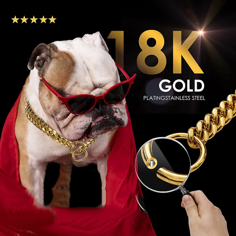 

10mm Gold Plated Chain Pet Stainless Steel Dog Collar Metal Pet Chain Collar Luxury Cuban Link Chain Necklace Dog Collar