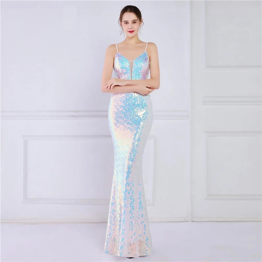 

19050# 2022 New Fashion Women's Sexy Deep V Neckline Sleeveless sequin evening dresses sexy long women party dress