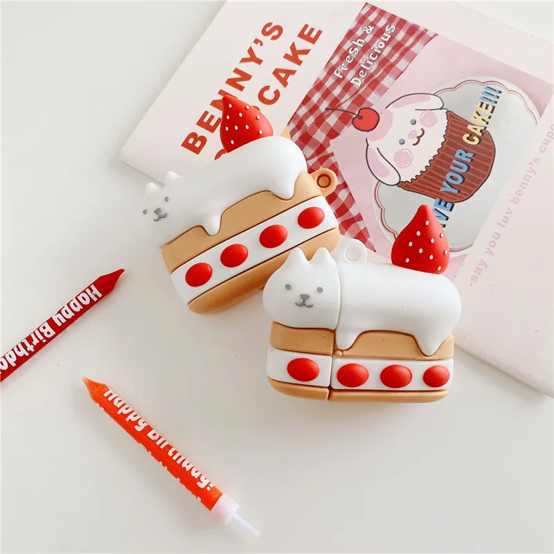 

2020 3D Creative Cute Cartoon Cat Strawberry Cake Silicone Case Protective Cover Holder for Airpod 2 for Apple Airpods Pro