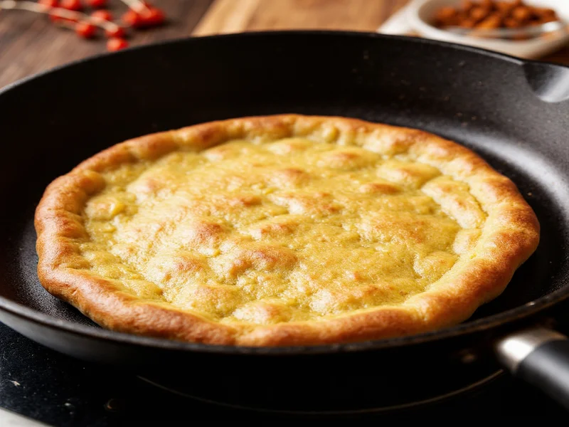 Cast iron skillet cooking golden tortilla with puffed center