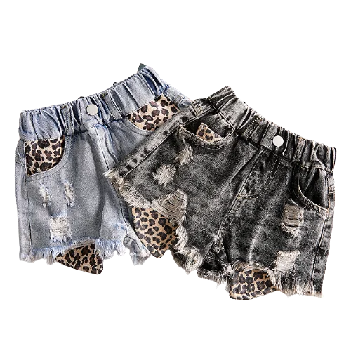 

Girls wear fashion ripped Jeans 2021 new summer elastic five cent leopard pocket pants children kids shorts for hot selling, As pic shows, we can according to your request also